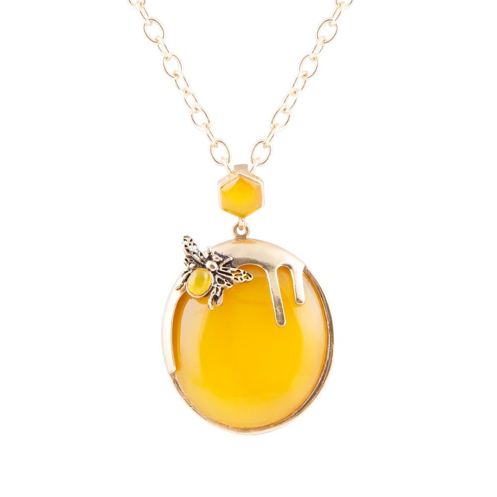 Halskette aus gelbem Achat mit goldener Honigtropfen-Applikation
