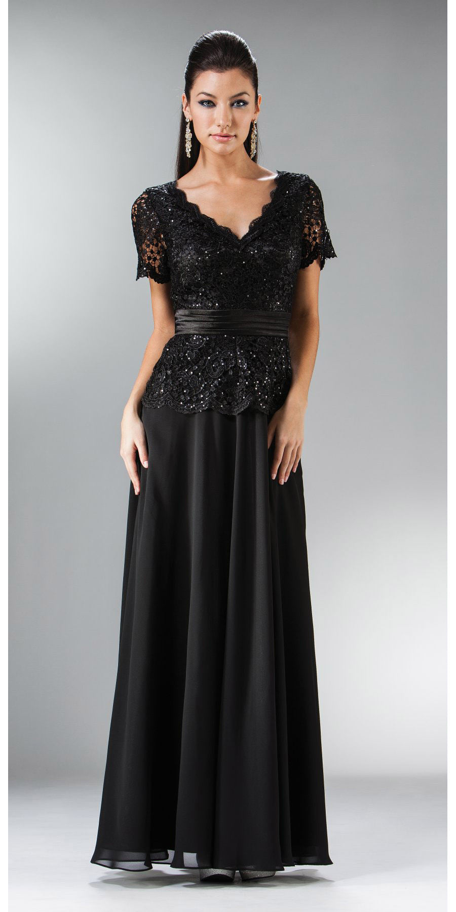 CLEARANCE - Cinderella Divine 1452 - Floor Length Black Dress Lace Top V-Neck (Size 3XL)