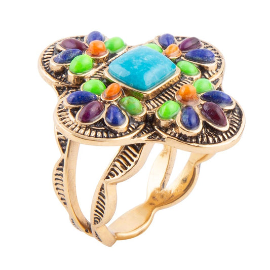 Bague Croix Dorée Colorée Turquoise Bleu Sion