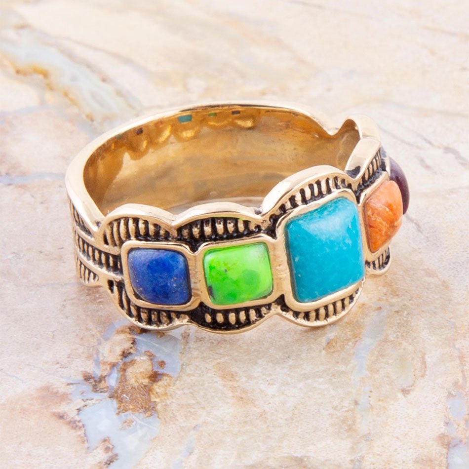 Bague dorée colorée turquoise et bleue Zion