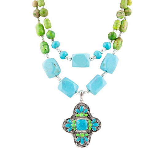 Collier de déclaration Zion vert citron et turquoise bleu et argent sterling